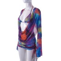 Women Sexy Bikinis Set Halter Bra Long Sleeve Cowl Neck Cover Up and Ruched Skirt 3 Piece Tie-Dye Mesh Nightclub Outfit