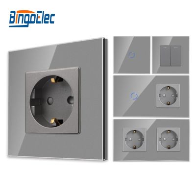 Bingoelec Grey Glass Switches Light Switch and Wall Socket with Crystal Glass Panel Home Improvement