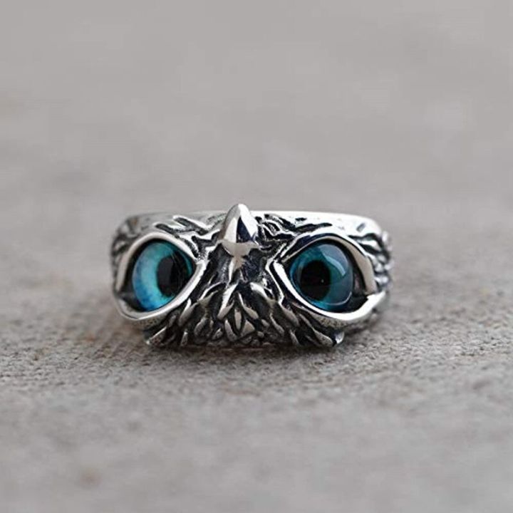 แหวนนกฮูก-charming-วินเทจชายและหญิงตาสีฟ้าโลหะผสมแหวนนกฮูกแหวนสร้างสรรค์ปรับได้อเนกประสงค์