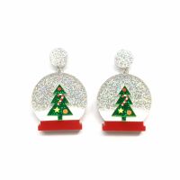 Cute Christmas Holiday Jewelry Glitter Xmas Tree Crystal Ball And Santa Snow Globe With Bowtie Acrylic Stud Earrings For Women