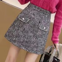 กระโปรงสั้น Tweed A Line Simple High Waist Stretchy Mini Skirt with False Pockets for Casual Party Work Holiday