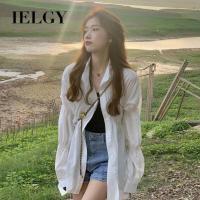 IELGY เสื้อเชิ๊ตผู้หญิงแขนยาวจับจีบ,เสื้อเชิ้ตฝรั่งเศส