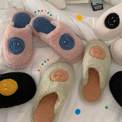 NEW 2021 Smiley Face Slippers Woman Autumn Winter Warm Closed Toe Fluffy Plush Slippers Home Flip Flops Guest Flat Slides Shoes