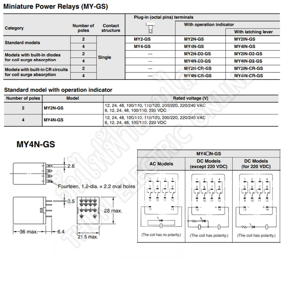 Omron Relay MY4N(MY4-GS) #มีไฟโชว์ AC 12V กระแสสลับ, DC 12V, AC