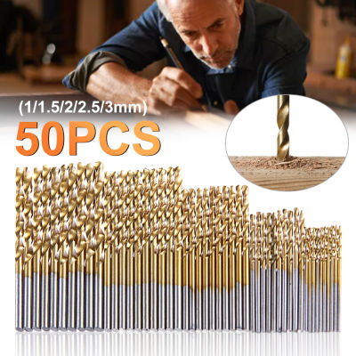Rebrol【คลังสินค้าพร้อม】50Pcs Titanium Coated Drill Bits HSS High Speed Steel Drill Bits Set 1/1.5/2/2.5/3Mm For Metal Wood Drilling Tools