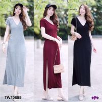 BG10885 Maxi Dress เดรสยาวคอวีสายไขว้หลัง ชายกระโปรงผ่าข้าง เนื้อผ้าเรยอนผ้ายืด ใส่แบบชิลล์ๆ สบายๆ พร้อมส่งจร้าา