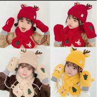 {Warm scarf}เด็กหมวกแคชเมียร์และผ้าพันคอชุด Chrismas Tree Mittens ถุงมือ Kawaii Beanie สำหรับชายหญิงฤดูหนาว Kintted Antlers Headwear เด็ก