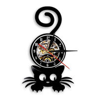 2021Crazy Cat Lady Wall Art Silhouette Kitten Cat with Funny Tail Home Decor Wall Clock Black Kitty Vinyl Record Clock Cat Pet Lover