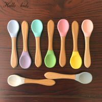 Baby Spoon Silicone Wooden Baby Feeding Spoon Organic Soft Tip Spoon BPA Free Food Grade Material Handle Toddlers Gifts Bowl Fork Spoon Sets