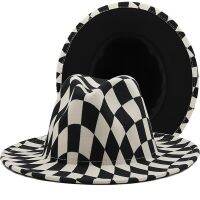 QBHAT Checkerboard Plaid Print Top Hat  Men Black Bottom Patchwork Jazz Fedora Hats Fascinator Women Elegant Church Felted Cap