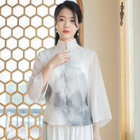 Cheongsam ขนาดบวกของผู้หญิงยืนปก H Anfu ท็อปส์2022ฤดูร้อนใหม่ผสมชีฟองพิมพ์สไตล์จีนรสเครื่องแต่งกายเสื้อผู้หญิง