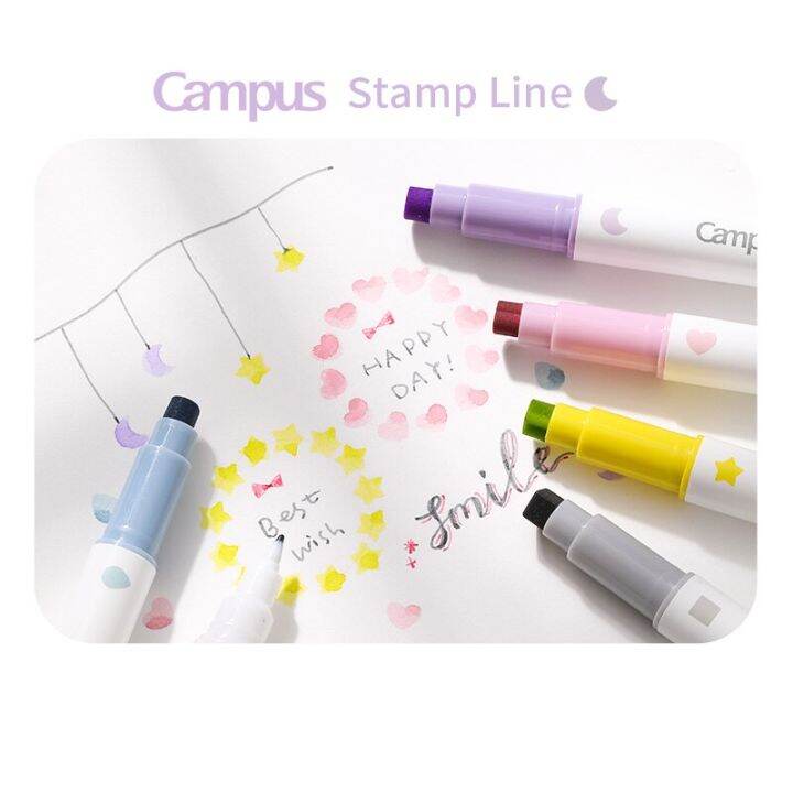 6colors-japan-kokuyo-campus-stamp-line-marker-double-tip-highlighter-with-stamp-student-cute-pens