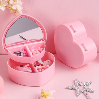 ✾ Pink Makeup Organizer with Mirror for Girl Heart Shape Cosmetic Jewelry Organizer Cute Plastic Box Make Up Storage Containers