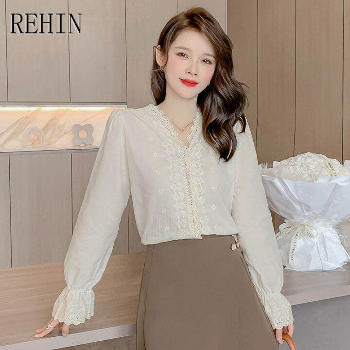 rehin-เสื้อลูกไม้คอวีสไตล์ฝรั่งเศสสำหรับผู้หญิง-เสื้อแขนยาวเสื้อแขนกว้างดีไซน์สวยหวาน