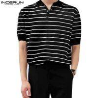 INCERUN Mens loose striped lapel short-sleeved shirt POLO Shirts