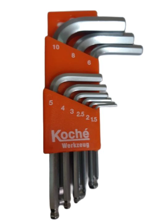 koche-ball-key-wrench-9-pcs-alloy-steel-ชุดประแจหกเหลี่ยม-หัวบอล-แบบสั้น-ประกอลด้วย-10-mm-8-mm-6-mm-5-mm-4-mm-3-mm-2-5-mm-2-mm-1-5-mm-ยี่ห้อ-โคเซ่-จากตัวแทนจำหน่าย