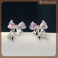 Warm Light 1คู่สไตล์เกาหลี bowknot zircon STUD ต่างหูแฟชั่นหรูหราแสงคริสตัลสีชมพูต่างหูบุคลิกภาพสำหรับผู้หญิงของขวัญเครื่องประดับ