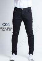 PANTS DE ART Slim-Fit Denim C03 สีดำผ้ายืด Superblack  แต่งขาดเข่า SIZE28-36 เป้าซิป