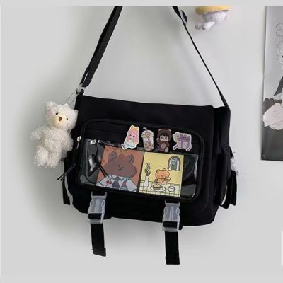 【Candy style】 JIVIVIL กระเป๋า crossbody ใบไหล่ขนาดใหญ่ความจุของญี่ปุ่นฮาราจูกุสไตล์สีทึบกระเป๋าผ้าใบ messenger