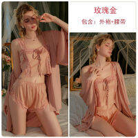 2023 Hot Brand Sexy Cardigan Outerwear Gown Lace-Up Satin Lace See-Through Three-Piece Set Womens Home Clothes Suit 2507