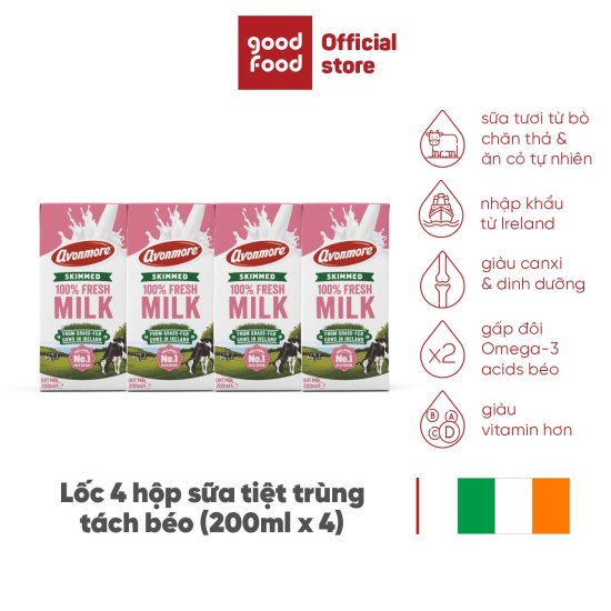 Lốc 4 hộp sữa tươi tách béo tiệt trùng không đường avonmore uht skimmed - ảnh sản phẩm 1