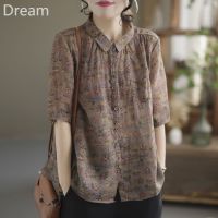 Retro printed short-sleeved shirt for women loose temperament slimming and age-reducing casual shirt V729