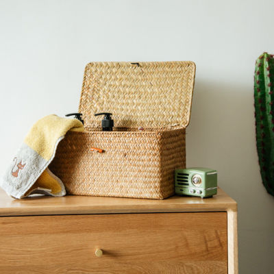 Woven Storage Basket with Lid Rattan Sundries Storage Box Wicker Basket Handmade Sorting Boxes Seagrass Jewelry Organizer