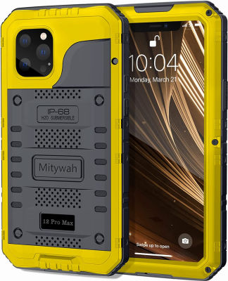 Mitywah Waterproof Case for iPhone 12 Pro Max, Heavy Duty Military Grade Armor Metal Case, Full Body Protective Rugged Shockproof Thick Dustproof Strong Case for iPhone 12 Pro Max 6.7’’, Yellow Yellow 12 Pro Max