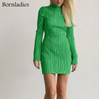 Bornladies Spring and Autumn 2022 Womens Fashion Long-sleeved y O-neck Pleated Slim Solid Color Dress