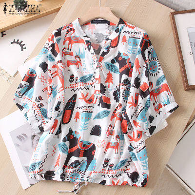 (สินค้ามาใหม่)(จัดส่งฟรี)Fancystyle ZANZEA เสื้อเสื้อพิมพ์ลายดอกไม้วินเทจลำลองหลวมติดกระดุมเสื้อแขนสั้นเสื้อสตรีคอวี #2