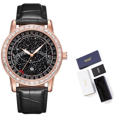 นาฬิกาข้อมือควอตซ์ประดับเพชรลายไดอัลสีโรสโกลด์นาฬิกาแฟชั่นผู้ชายดาวสำหรับนาฬิกาสายหนังกันน้ำผู้ชาย
