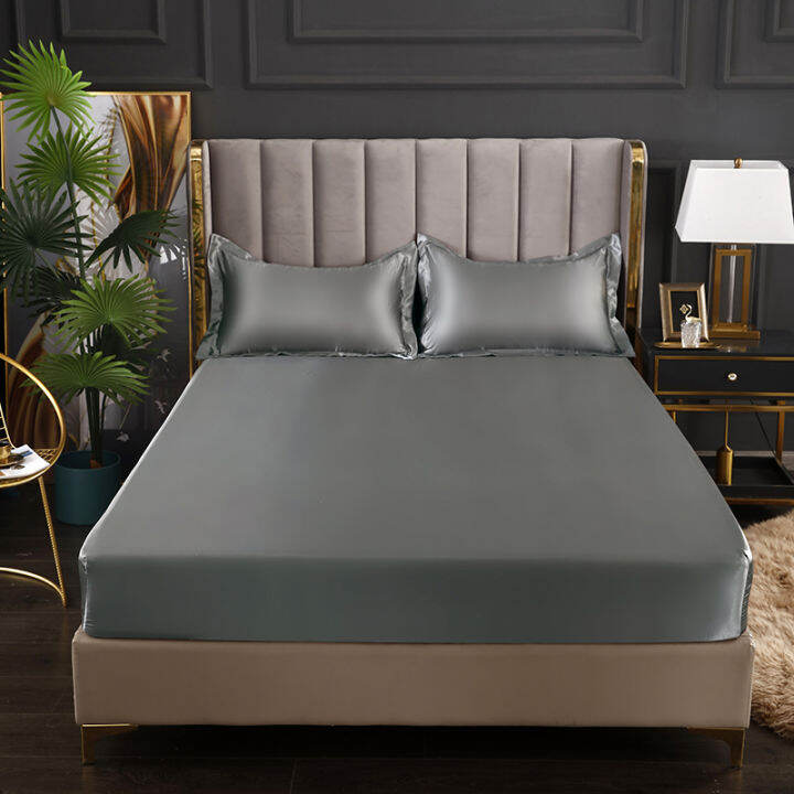 fitted-sheet-solid-color-double-queen-size-mattress-cover-luxury-satin-elastic-band-bed-sheet-160x200