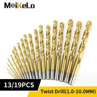 Meikela 1.0-10.0mm Titanium Coated Twist Drill Bits Set 13/19Pcs Sets High Speed Steel Drill for Metal Wood Drilling Tools