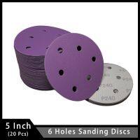 20 Pcs 5 Inch 6 Holes Purple Film Sanding Discs Hook and Loop Ceramic Alumina Sandpaper for Uniform Grinding and High Precision