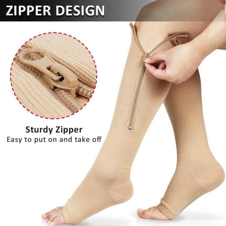 1คู่ซิปลูกวัวถุงเท้าการบีบอัด15-20-mmhg-สำหรับผู้หญิงผู้ชายเข่าสูงเปิดนิ้วเท้าเส้นเลือดขอดร้านขายชุดชั้นในสำหรับอาการบวมน้ำบวม