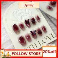 APRRERY เครื่องมือคลุมทั้งหมดเล็บปลอมสำหรับผู้หญิงเครื่องเทศด้วยมือแท้10ชิ้น/กล่องพร้อมกล่องเครื่องมือดอกคามิเลียเล็บปลอมถอดออกได้ XS M L สีไวน์แดงผีเสื้อผีเสื้อผีเสื้อ