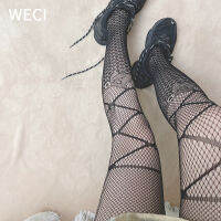 WECI ถุงน่องลายตาข่ายสีดำไหมแบบยาวพร้อมโบว์ถุงน่องมีลวดลายลวดลายสำหรับผู้หญิงโลลิต้าแบบหรูหราสำหรับชุดรัดรูป