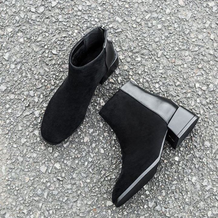 sepatu-boot-pendek-ส้นสูงปานกลางสำหรับผู้หญิง-ใหม่ไซส์ใหญ่เข้าได้กับทุกชุดให้ความอบอุ่นส้นหนาสั้นเกาะอกสไตล์เกาหลีมาร์ตินรองเท้าผ้าฝ้ายฤดูหนาว