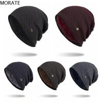 หมวกชุดลำลองฤดูหนาวที่อบอุ่น MORATE Unisex สีทึบ Gorros หมวกขนสัตว์ผ้าฝ้ายหมวกขนแกะหนาหมวกบีนนี่ถักของผู้ชาย