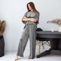 Hiloc Velvet Sleepwear Drop Sleeve Pajamas For Women Sets Solid Wide Legs Pants Trousers Suits Sets Womens Oufits Knit Nightwear