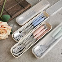 Wheat Straw Stainless Steel Cutlery Set Spoon Fork Chopsticks Creative Cutlery Student Travel Storage Box Household Tableware Flatware Sets