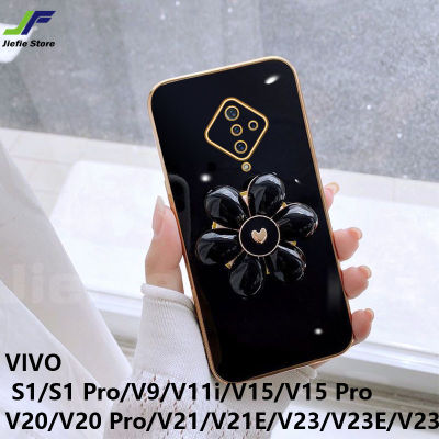 JieFie แฟชั่นโทรศัพท์ดอกไม้กรณีสำหรับ VIVO S1 Pro / V20 Pro / V23 Pro / V23E / V20 / V21 / V21E / V23 / S1 / V9 / V11i / V15 / V15 Pro Chrome Plated Soft เคสโทรศัพท์ TPU + ขาตั้ง