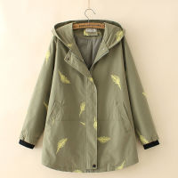 Plus Size XL-4XL Green Black Feather Printed Women Autumn Winter Jackets Cotton Hooded A-line Outerwear