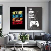 ❦☽ Eat Sleep เกมเล่นเกมซ้ำ Wall Art โปสเตอร์ Gamer ผ้าใบพิมพ์โปสเตอร์สำหรับ Boys Room ภาพตกแต่ง Unframed