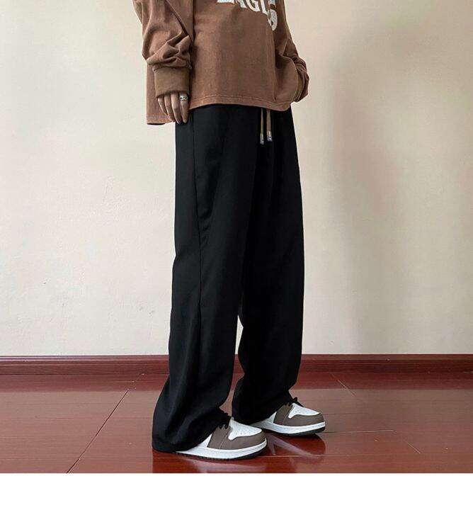 gmak930-แฟชั่นฮ่องกง-slacks-กางเกงขายาวผู้ชาย-m-xxl-ลำลองขากระบอกเกาหลี-เอวยืดใส่สบาย-มีเชือกปรับขนาดได้-สีดำ-น้ําตาล