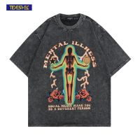 TIDESHEC Washed T-Shirt Men European American Style Oversized Punk Rock Funny Skull Print T-Shirt Retro 2022 Summer Short Sleeve