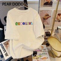 PEAR DODO เสื้อยืดแขนสั้นสำหรับผู้หญิงพิมพ์ลายคอกลมการ์ตูนเกาหลี