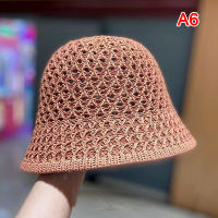 ผ้าโครเชต์ถักมือสวมบนฟลอปปี้หมวกฤดูร้อน Topi Bucket โดมพับได้กลวงออกสีทึบหมวกชายหาดเรียบง่ายหมวกสตรีนุ่ม