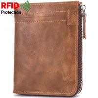 Vintage RFID Blocking Mens Wallet High Quality Leather Coin Purse Male Zipper Card Holder Business Short Money Clip