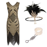 1920S ผู้หญิง Gatsby เครื่องแต่งกาย Flapper ชุด V คอ Fringed ชุด20S อุปกรณ์เสริมชุด3